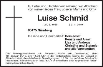 Traueranzeige von Luise Schmid von Gesamtausgabe Nürnberger Nachrichten/ Nürnberger Ztg.