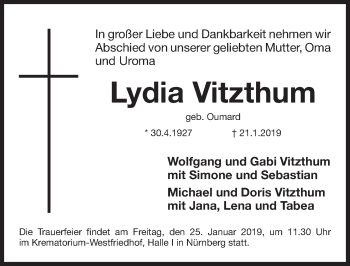 Traueranzeige von Lydia Vitzthum von Gesamtausgabe Nürnberger Nachrichten/ Nürnberger Ztg.