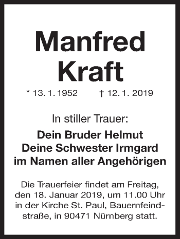Traueranzeige von Manfred Kraft von Gesamtausgabe Nürnberger Nachrichten/ Nürnberger Ztg.