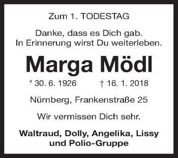 Traueranzeige von Marga Mödl von Gesamtausgabe Nürnberger Nachrichten/ Nürnberger Ztg.
