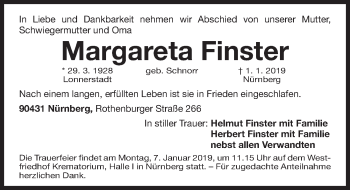 Traueranzeige von Margareta Finster von Gesamtausgabe Nürnberger Nachrichten/ Nürnberger Ztg.