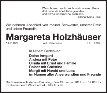 Traueranzeige von Margareta Holzhäuser von Gesamtausgabe Nürnberger Nachrichten/ Nürnberger Ztg.