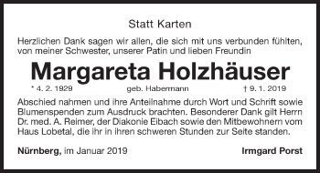 Traueranzeige von Margareta Holzhäuser von Gesamtausgabe Nürnberger Nachrichten/ Nürnberger Ztg.
