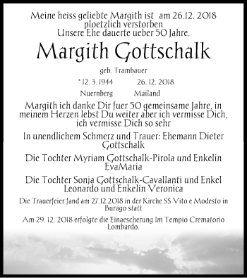 Traueranzeige von Margith Gottschalk von Gesamtausgabe Nürnberger Nachrichten/ Nürnberger Ztg./ Fürther Nachrichten