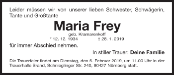 Traueranzeige von Maria Frey von Gesamtausgabe Nürnberger Nachrichten/ Nürnberger Ztg.