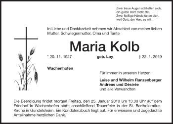 Traueranzeige von Maria Kolb von Altmühl-Bote Lokal