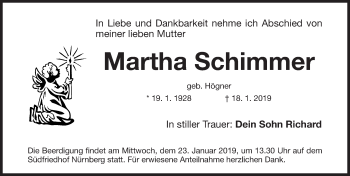Traueranzeige von Martha Schimmer von Gesamtausgabe Nürnberger Nachrichten/ Nürnberger Ztg.