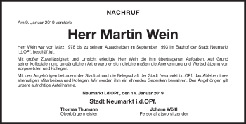 Traueranzeige von Martin Wein von Neumarkter Nachrichten Lokal
