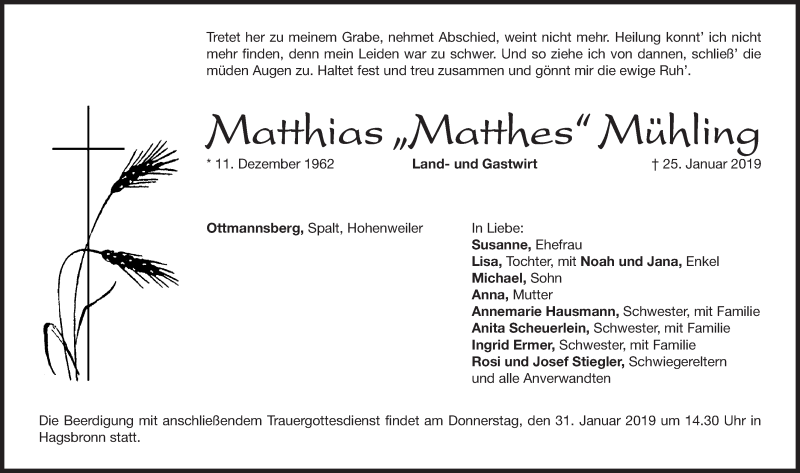  Traueranzeige für Matthias Mühling vom 29.01.2019 aus Altmühl-Bote Lokal