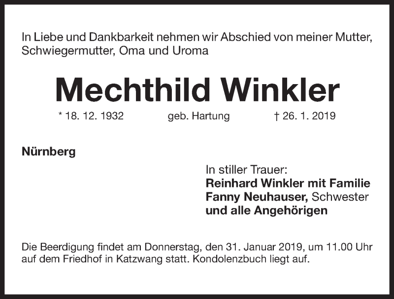  Traueranzeige für Mechthild Winkler vom 29.01.2019 aus Gesamtausgabe Nürnberger Nachrichten/ Nürnberger Ztg.