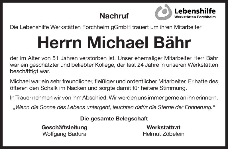  Traueranzeige für Michael Bähr vom 12.01.2019 aus Nordbayerische Nachrichten Forchheim Lokal