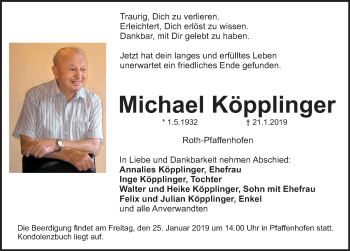 Traueranzeige von Michael Köpplinger von Roth-Hilpoltsteiner Volkszeitung Lokal