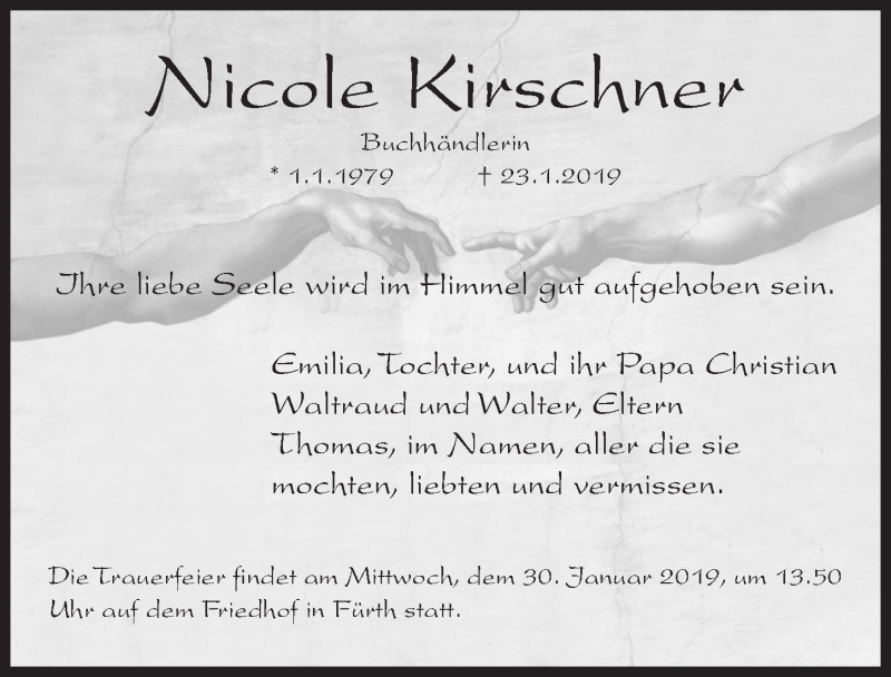  Traueranzeige für Nicole Kirschner vom 26.01.2019 aus Fürther Nachrichten Lokal