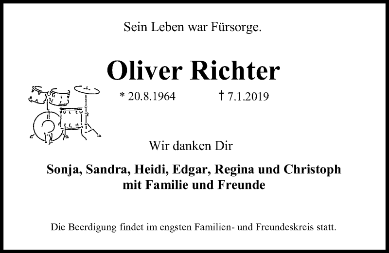 Traueranzeige für Oliver Richter vom 12.01.2019 aus Erlanger Nachrichten Lokal
