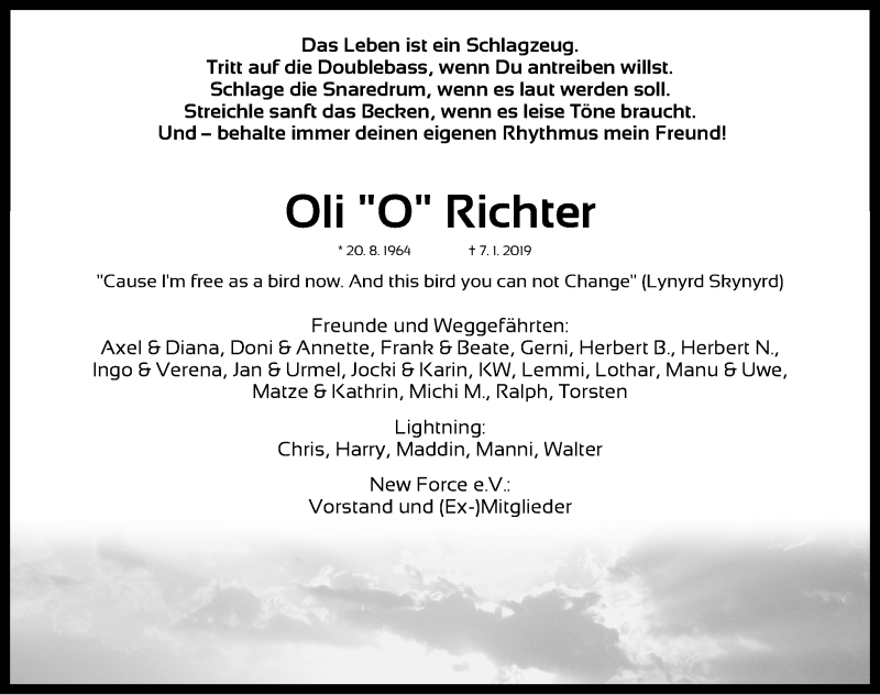  Traueranzeige für Oliver Richter vom 12.01.2019 aus Erlanger Nachrichten Lokal