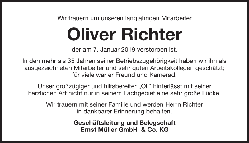  Traueranzeige für Oliver Richter vom 12.01.2019 aus Gesamtausgabe Nürnberger Nachrichten/ Nürnberger Ztg.