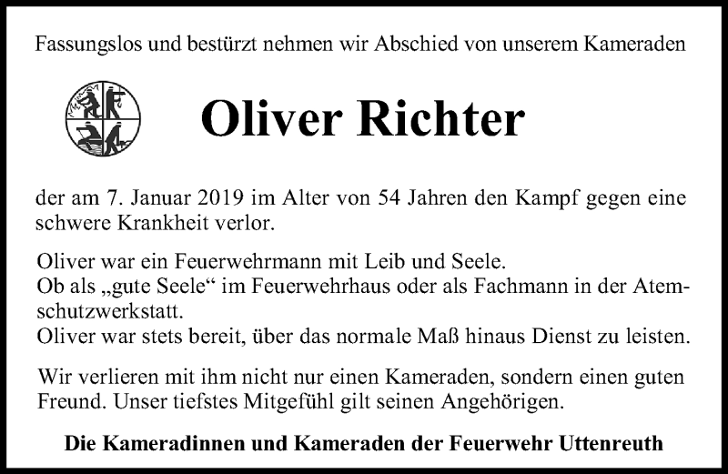  Traueranzeige für Oliver Richter vom 12.01.2019 aus Erlanger Nachrichten Lokal