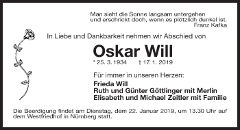 Traueranzeige von Oskar Will von Gesamtausgabe Nürnberger Nachrichten/ Nürnberger Ztg.