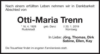 Traueranzeige von Otti-Maria Trenn von Gesamtausgabe Nürnberger Nachrichten/ Nürnberger Ztg.