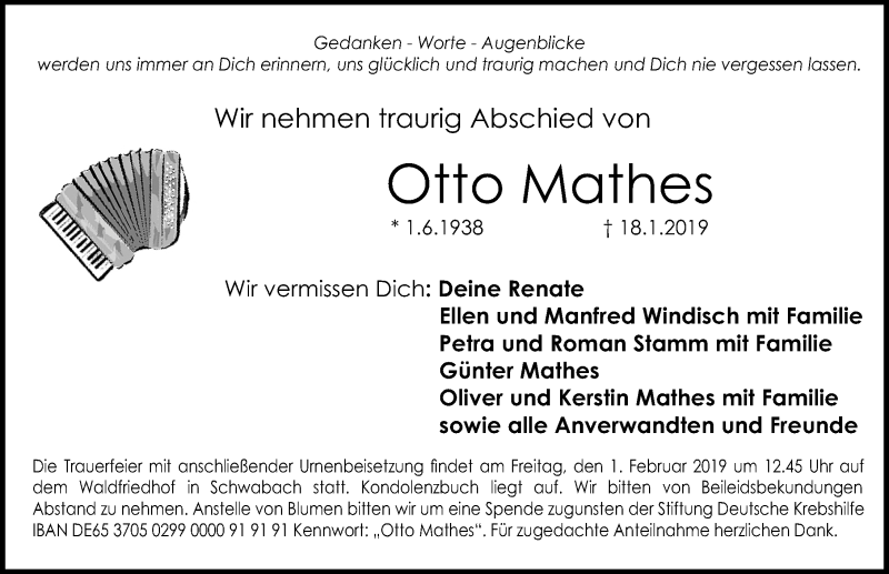  Traueranzeige für Otto Mathes vom 26.01.2019 aus Schwabach