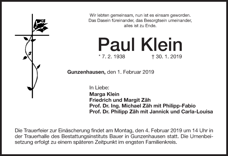  Traueranzeige für Paul Klein vom 01.02.2019 aus Altmühl-Bote Lokal