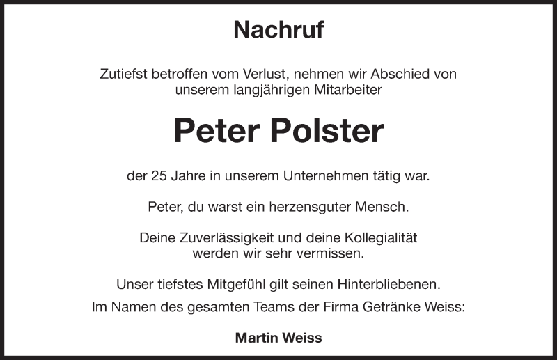  Traueranzeige für Peter Polster vom 05.01.2019 aus Nordbayerische Nachrichten Pegnitz Lokal