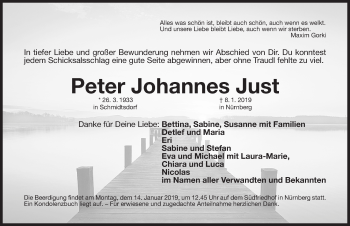 Traueranzeige von Peter Johannes Just von Gesamtausgabe Nürnberger Nachrichten/ Nürnberger Ztg.