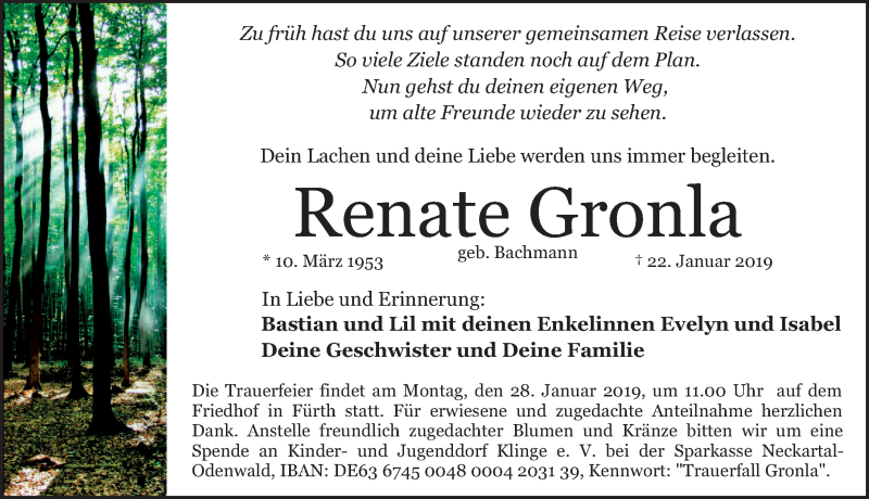  Traueranzeige für Renate Gronla vom 26.01.2019 aus Gesamtausgabe Nürnberger Nachrichten/ Nürnberger Ztg.