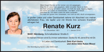 Traueranzeige von Renate Kurz von Gesamtausgabe Nürnberger Nachrichten/ Nürnberger Ztg.