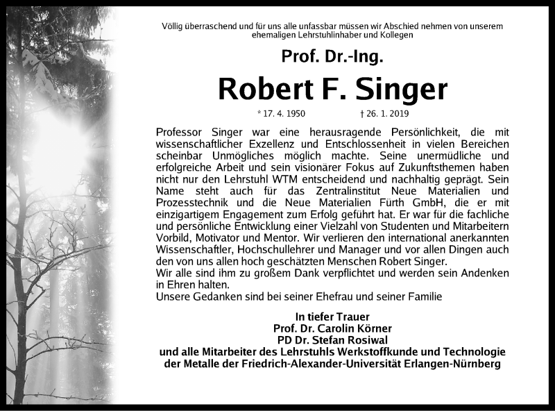  Traueranzeige für Robert F. Singer vom 31.01.2019 aus Gesamtausgabe Nürnberger Nachrichten/ Nürnberger Ztg.