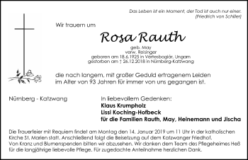 Traueranzeige von Rosa Rauth von Gesamtausgabe Nürnberger Nachrichten/ Nürnberger Ztg.