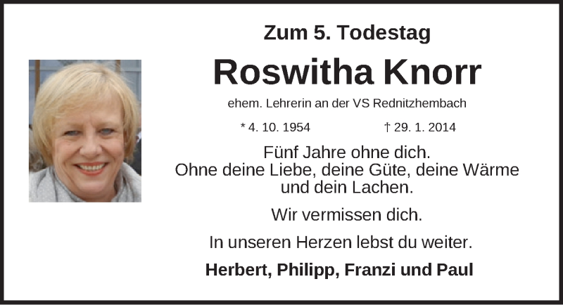  Traueranzeige für Roswitha Knorr vom 29.01.2019 aus Schwabach
