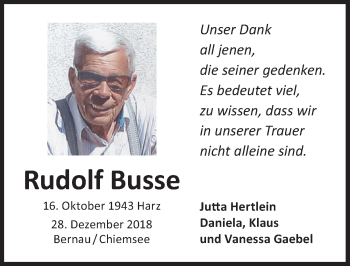 Traueranzeige von Rudolf Busse von Schwabach