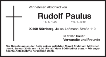 Traueranzeige von Rudolf Paulus von Gesamtausgabe Nürnberger Nachrichten/ Nürnberger Ztg.