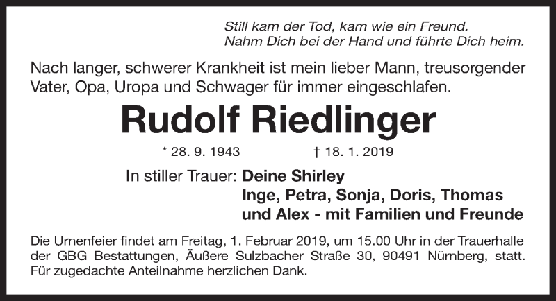  Traueranzeige für Rudolf Riedlinger vom 26.01.2019 aus Gesamtausgabe Nürnberger Nachrichten/ Nürnberger Ztg.