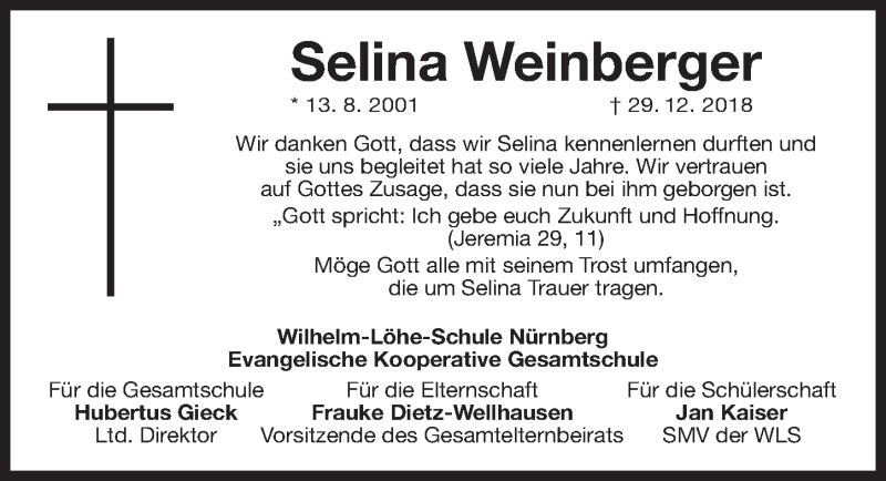  Traueranzeige für Selina Weinberger vom 19.01.2019 aus Gesamtausgabe Nürnberger Nachrichten/ Nürnberger Ztg.