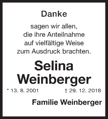 Traueranzeige von Selina Weinberger von Gesamtausgabe Nürnberger Nachrichten/ Nürnberger Ztg.