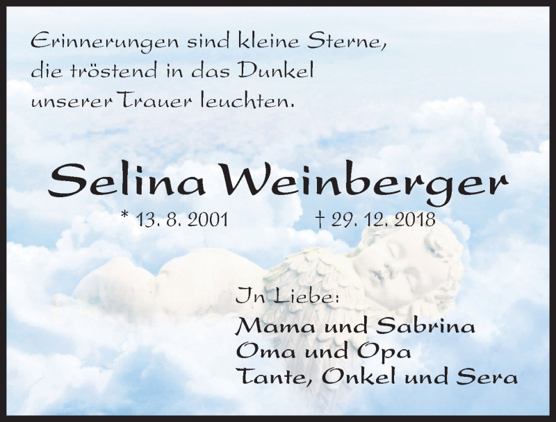  Traueranzeige für Selina Weinberger vom 02.01.2019 aus Gesamtausgabe Nürnberger Nachrichten/ Nürnberger Ztg.