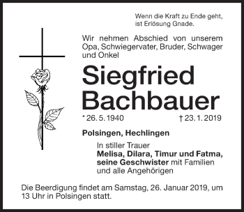 Traueranzeige von Siegfried Bachbauer von Altmühl-Bote Lokal