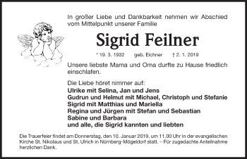 Traueranzeige von Sigrid Feilner von Gesamtausgabe Nürnberger Nachrichten/ Nürnberger Ztg.
