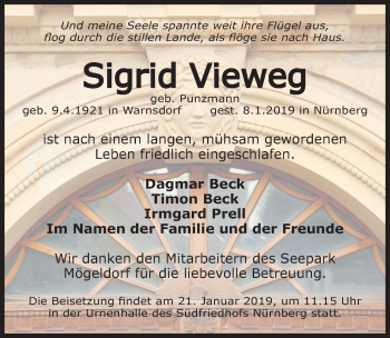 Traueranzeige von Sigrid Vieweg von Gesamtausgabe Nürnberger Nachrichten/ Nürnberger Ztg.