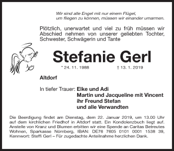 Traueranzeige von Stefanie Gerl von Gesamtausgabe Nürnberger Nachrichten/ Nürnberger Ztg.