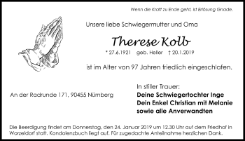 Traueranzeige von Therese Kolb von Schwabach