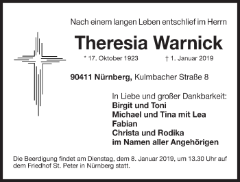 Traueranzeige von Theresia Warnick von Gesamtausgabe Nürnberger Nachrichten/ Nürnberger Ztg.