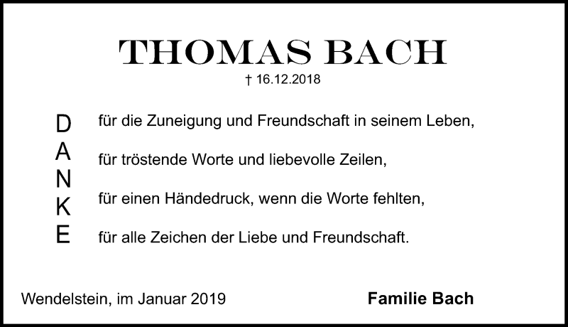  Traueranzeige für Thomas Bach vom 12.01.2019 aus Schwabach