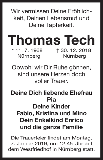 Traueranzeige von Thomas Tech von Gesamtausgabe Nürnberger Nachrichten/ Nürnberger Ztg.