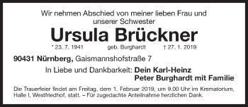Traueranzeige von Ursula Brückner von Gesamtausgabe Nürnberger Nachrichten/ Nürnberger Ztg.