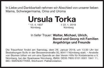 Traueranzeige von Ursula Torka von Gesamtausgabe Nürnberger Nachrichten/ Nürnberger Ztg.