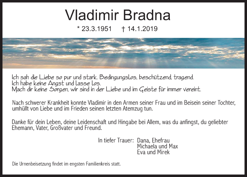  Traueranzeige für Vladimir Bradna vom 19.01.2019 aus Neumarkter Nachrichten Lokal