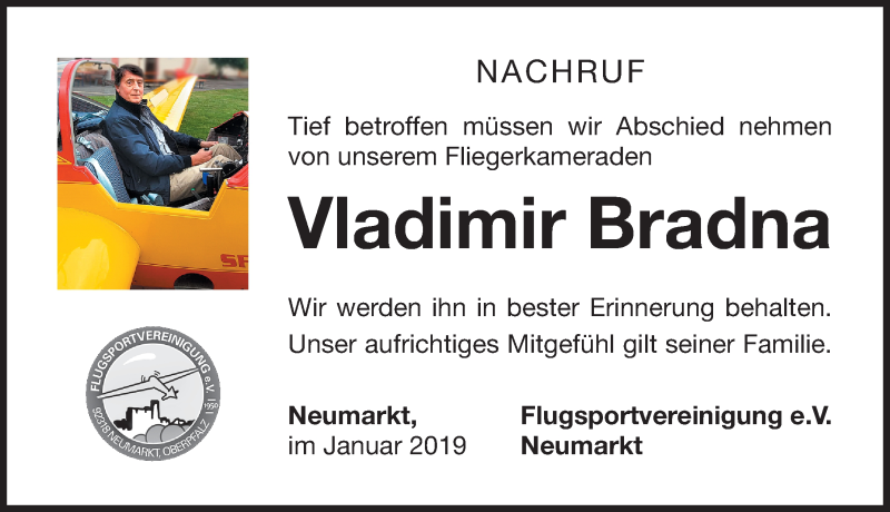  Traueranzeige für Vladimir Bradna vom 26.01.2019 aus Neumarkter Nachrichten Lokal